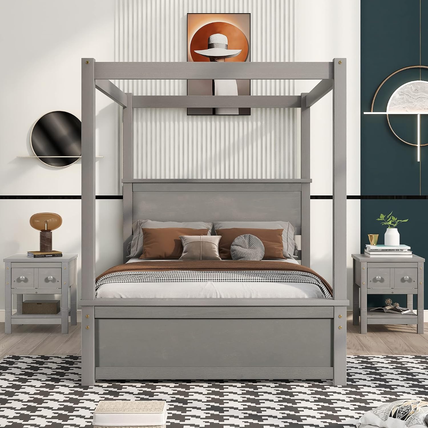 Full Size Wood Canopy Bed with Trundle Bed and Two Nightstand, Modern Bedroom Set for Kids Girls Boys Teens,Can Be Freely Decorated (Light Brown+Bedroom Set)
