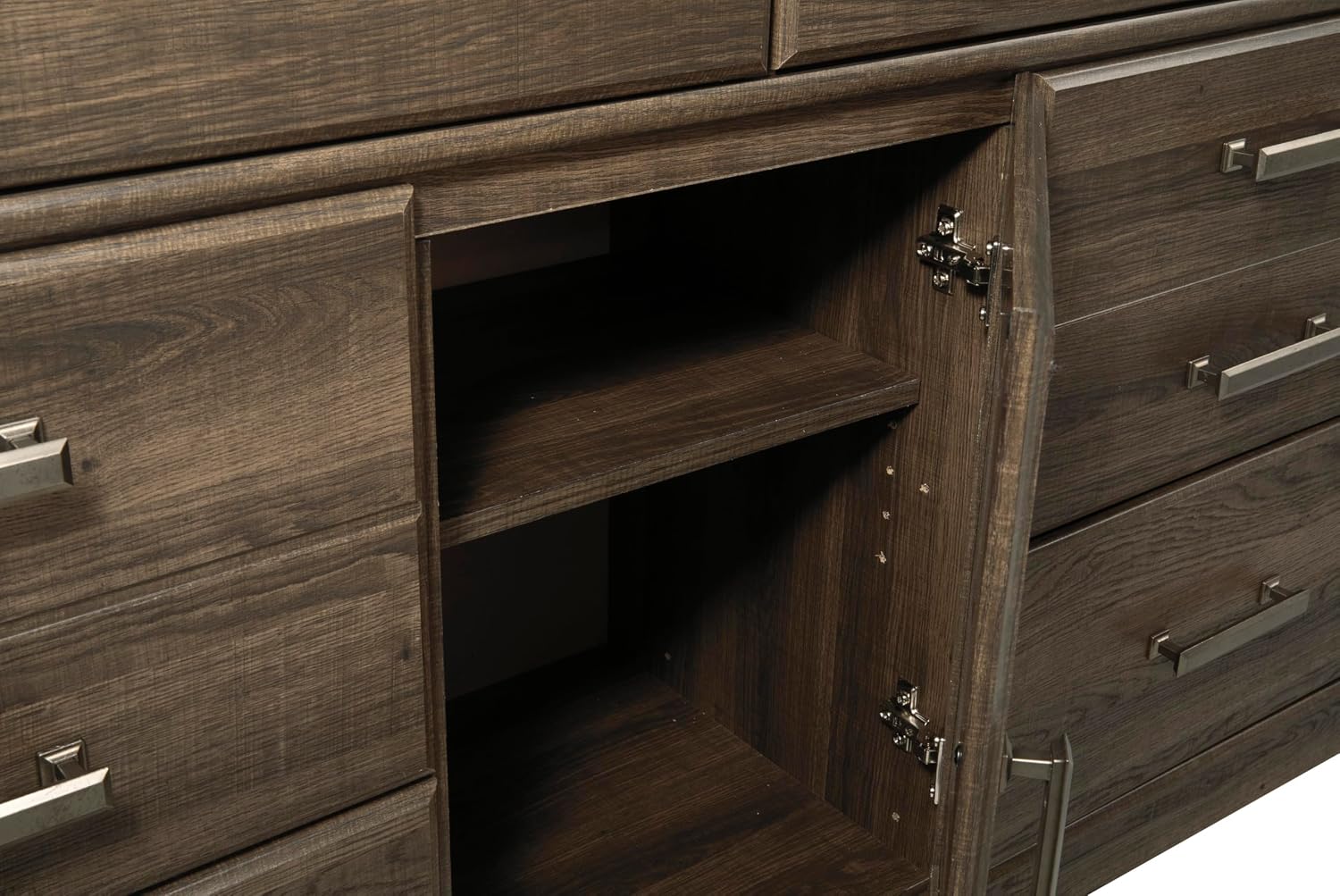 Signature Design by Ashley Juararo Vintage Smooth-Gliding 6-Drawer Dresser and Mirror with Safety Stop, Cabinet and Adjustable Shelf, Dark Brown