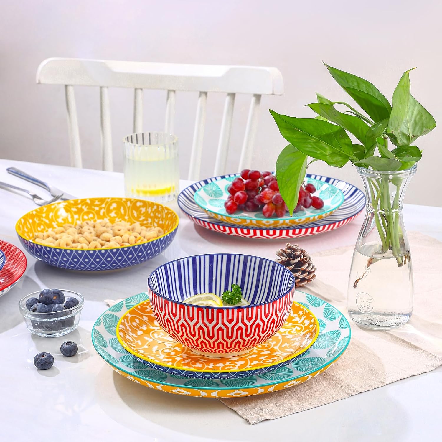 Selamica Ceramic Plates and Bowls Sets,24 Pieces Dinnerware Sets for 6,Scratch Resistant Dish Set for holiday gathering,Dishwasher & Microwave Safe, Assorted Colors