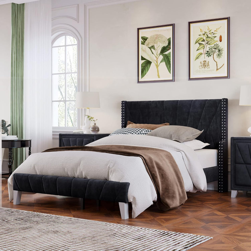 3 Pieces Velvet Bedroom Set with Full Upholstered Bed and Two Nightstand, Contemporary Furniture Set for Bedroom Living Room (Black+3 Pieces+Full)