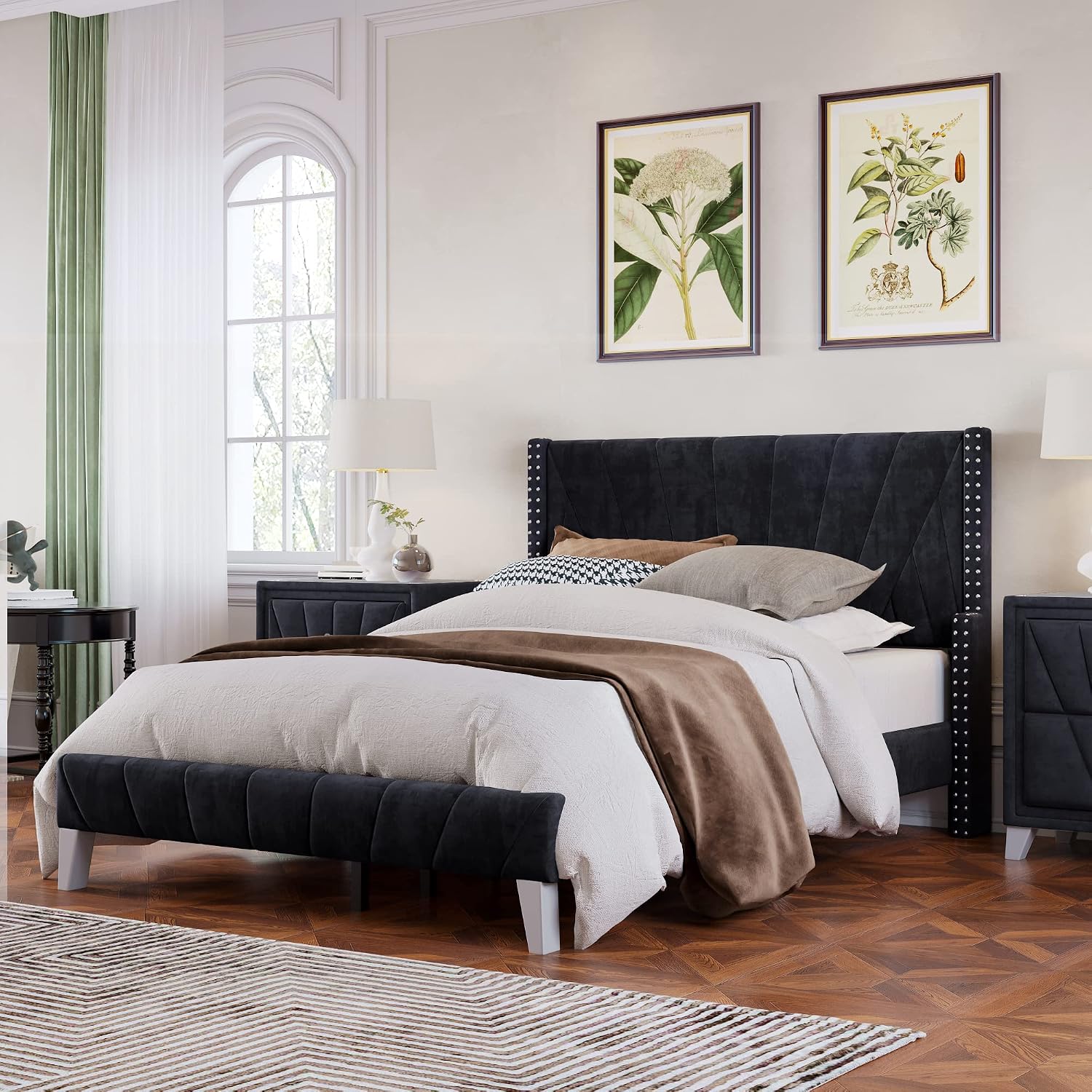 3 Pieces Velvet Bedroom Set with Full Upholstered Bed and Two Nightstand, Contemporary Furniture Set for Bedroom Living Room (Black+3 Pieces+Full)