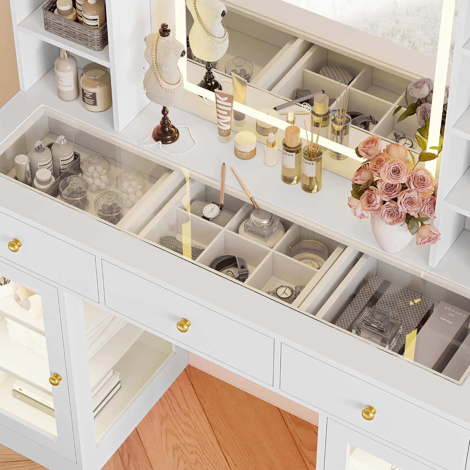 Makeup Vanity Desk with Mirror and Lights, 43' White Vanity with Glass Top, Jewelry Storage, 3 Drawers & Glass Cabinets, Power Outlet & Adjustable LED Lights, Dressing Table for Women & Girls Bedroom