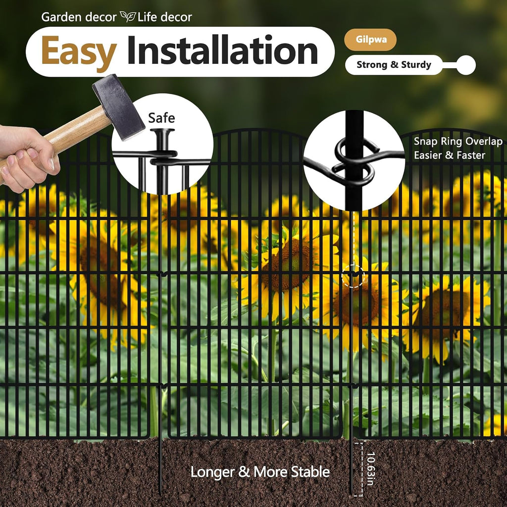 10 Panels Decorative Garden Metal Fence, 48in (H) x 24ft (L) No Dig Dog Fencing for Outdoor Yard, Rustproof Animal Ground Stakes Temporary Panel Border Barrier for Patio Flower Bed Camping