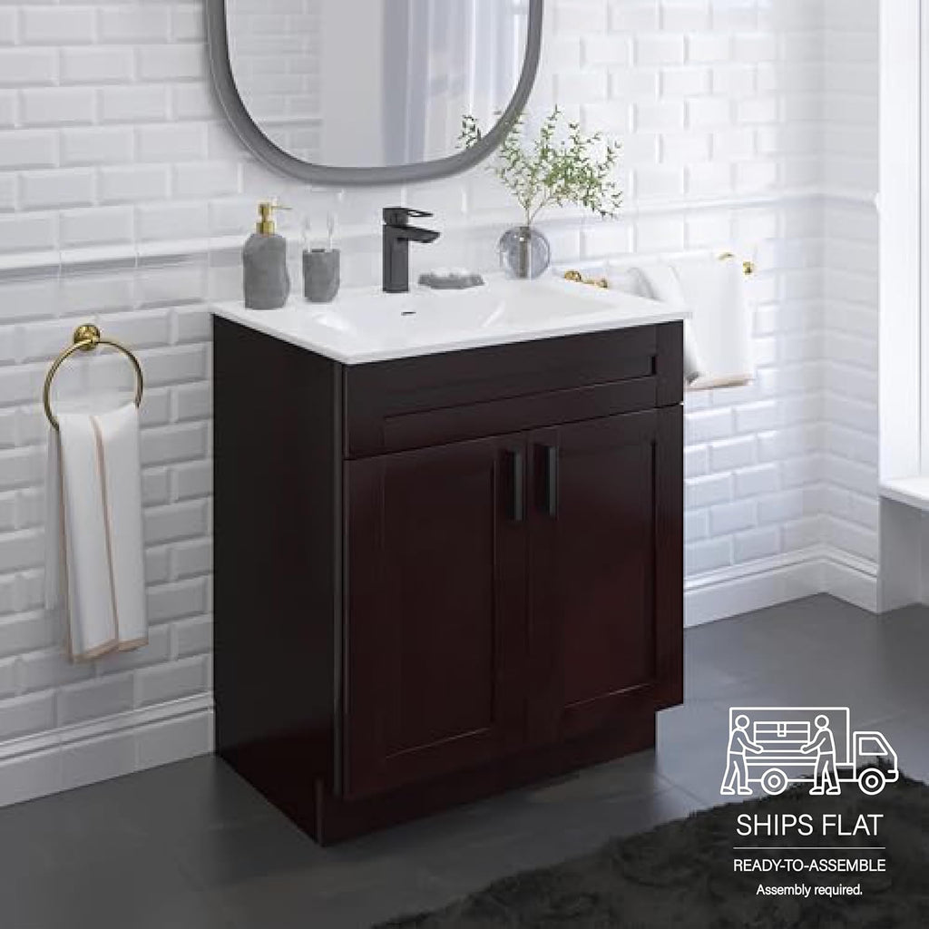 30' Espresso Shaker Bathroom Vanity Base – Ready-to-Assemble Sink Cabinet, Freestanding Bathroom Vanity Base Only, No Top or Sink