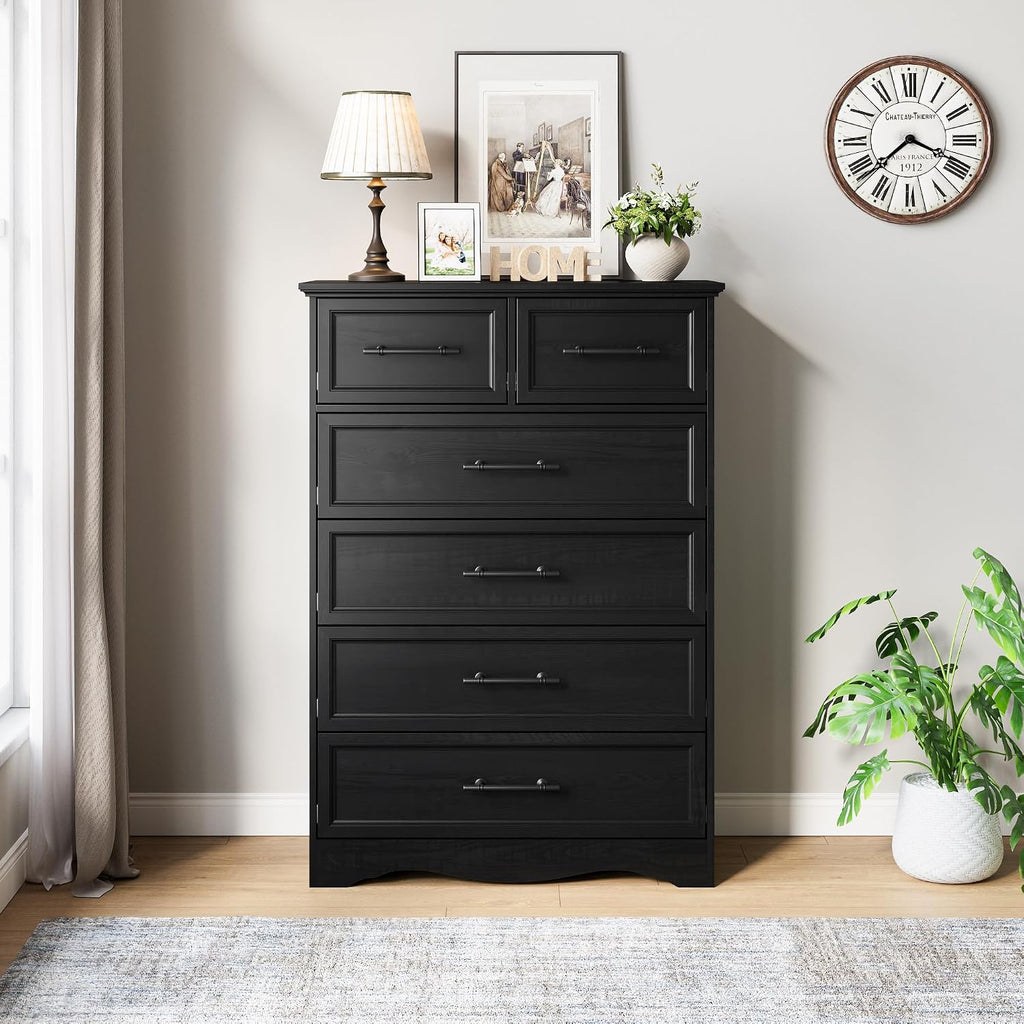 YANSNWO Black Farmhouse Dresser for Bedroom, Modern 6 Chest of Drawers, 44' Tall Chest of Drawers w/Brushed Metal Handle, Wood Closet Organizers and Storage Cabinet for Bedroom, Living Room, Hallway