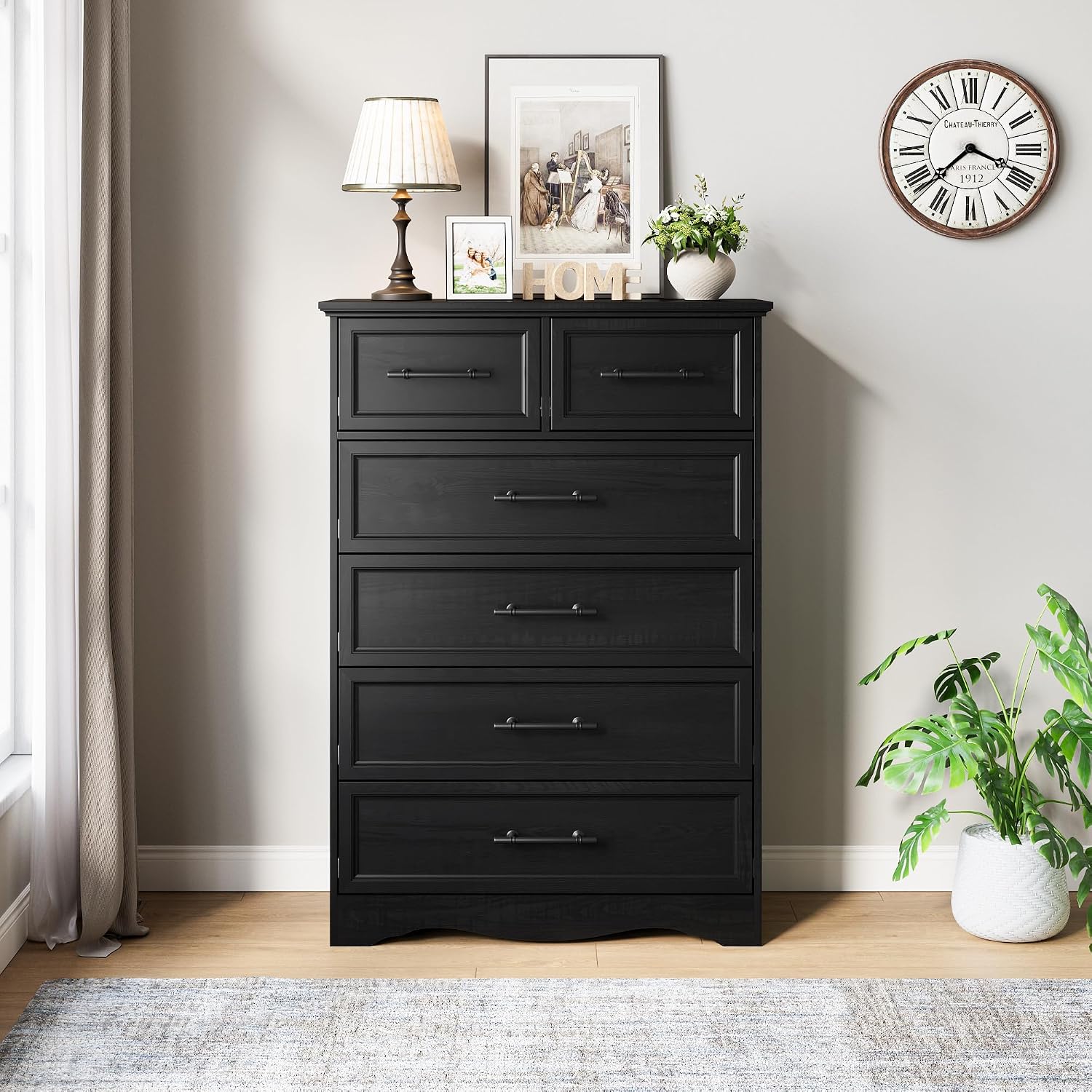 YANSNWO Black Farmhouse Dresser for Bedroom, Modern 6 Chest of Drawers, 44' Tall Chest of Drawers w/Brushed Metal Handle, Wood Closet Organizers and Storage Cabinet for Bedroom, Living Room, Hallway