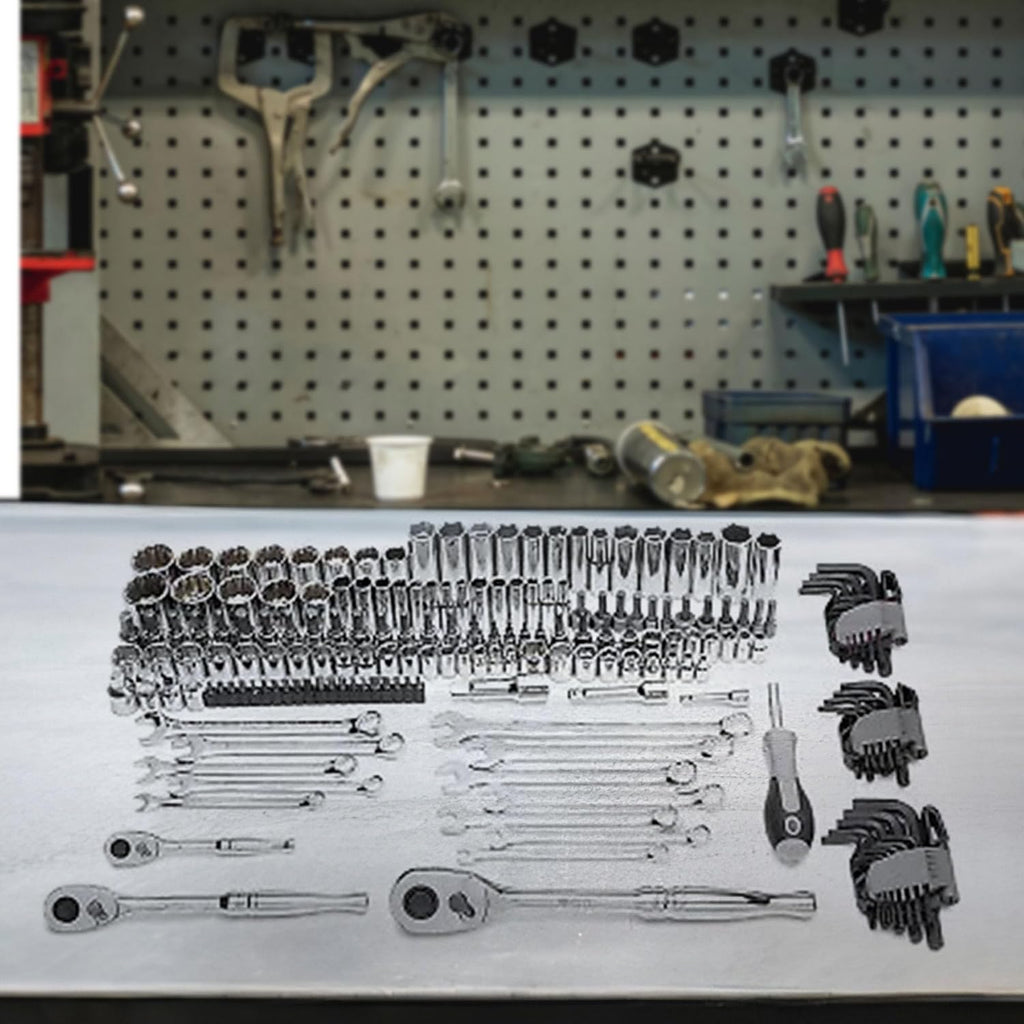 Master Mechanic 180 Piece Mechanics SAE and Metric Socket Tool Kit with 1/4, 3/8, and 1/2 Inch Drive, Assorted Bits, Adapters, Wrenches, and Hex Keys