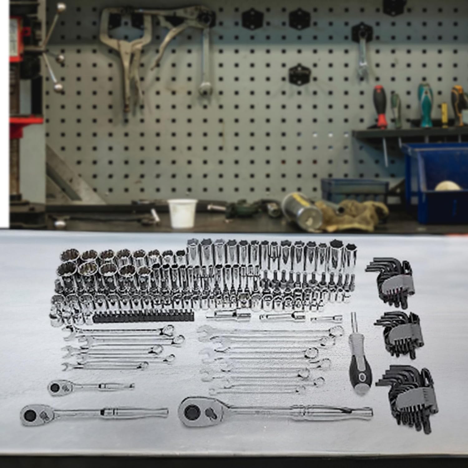 Master Mechanic 180 Piece Mechanics SAE and Metric Socket Tool Kit with 1/4, 3/8, and 1/2 Inch Drive, Assorted Bits, Adapters, Wrenches, and Hex Keys