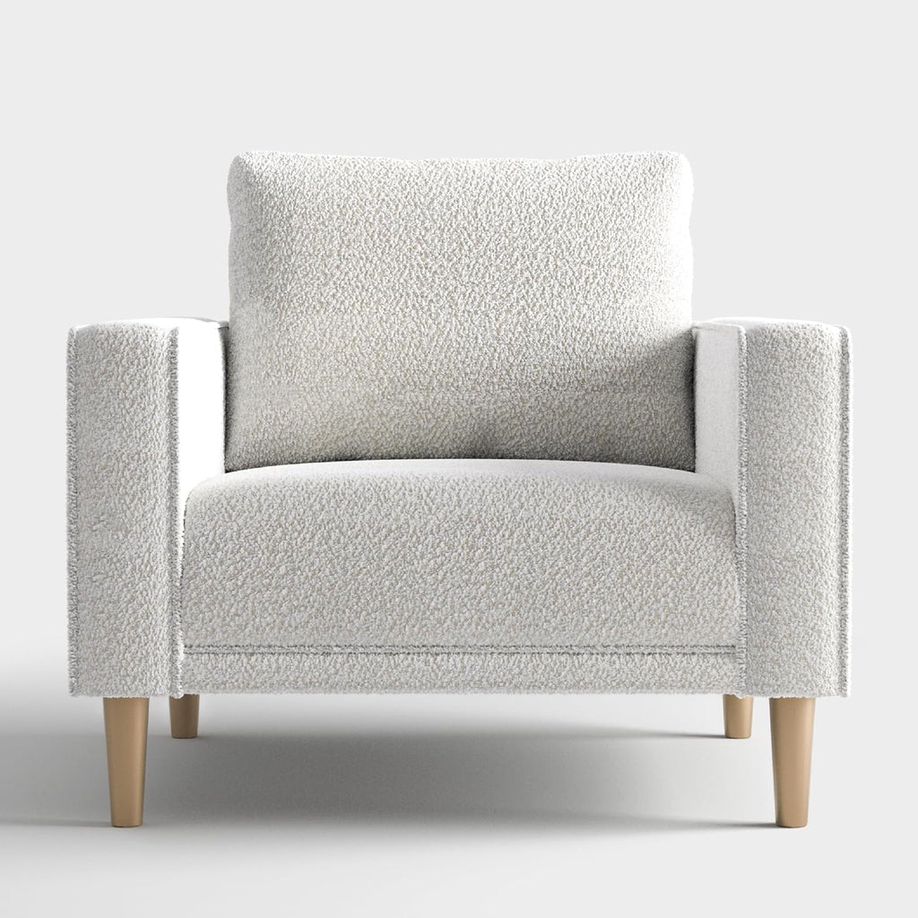 Furniture of America Oriana Contemporary Boucle Accent Chair with Back Pillow and Wooden Legs, Fabric Upholstered Armchair, Comfy Single Sofa Chair for Living Room, Bedroom, Home Office, Off-White