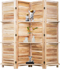 FDW 4 Panel Room Divider Folding Privacy Wooden Screen with Three Clever Shelf Portable Partition Wood Divider for Home Office, Natural Wood