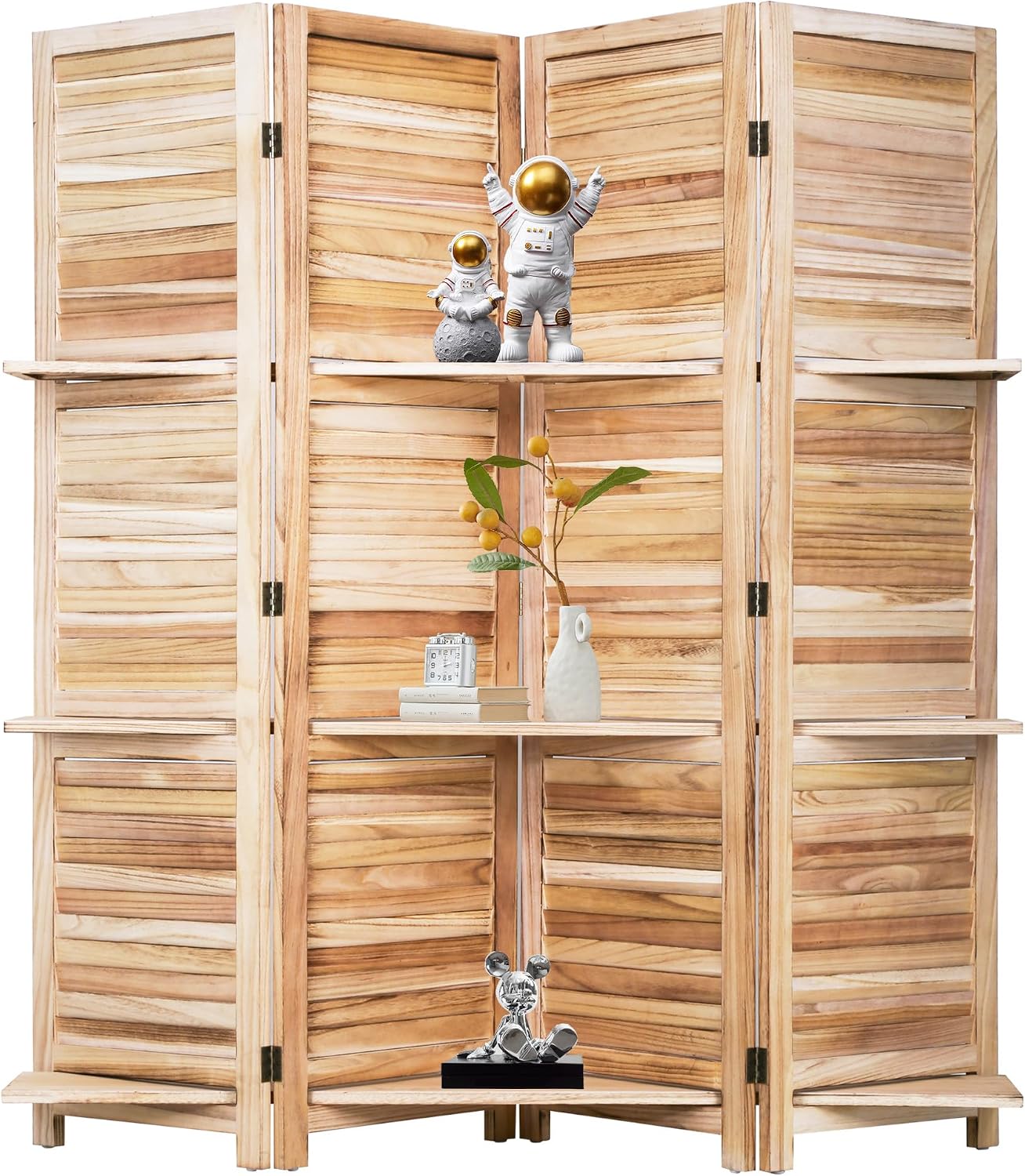 FDW 4 Panel Room Divider Folding Privacy Wooden Screen with Three Clever Shelf Portable Partition Wood Divider for Home Office, Natural Wood