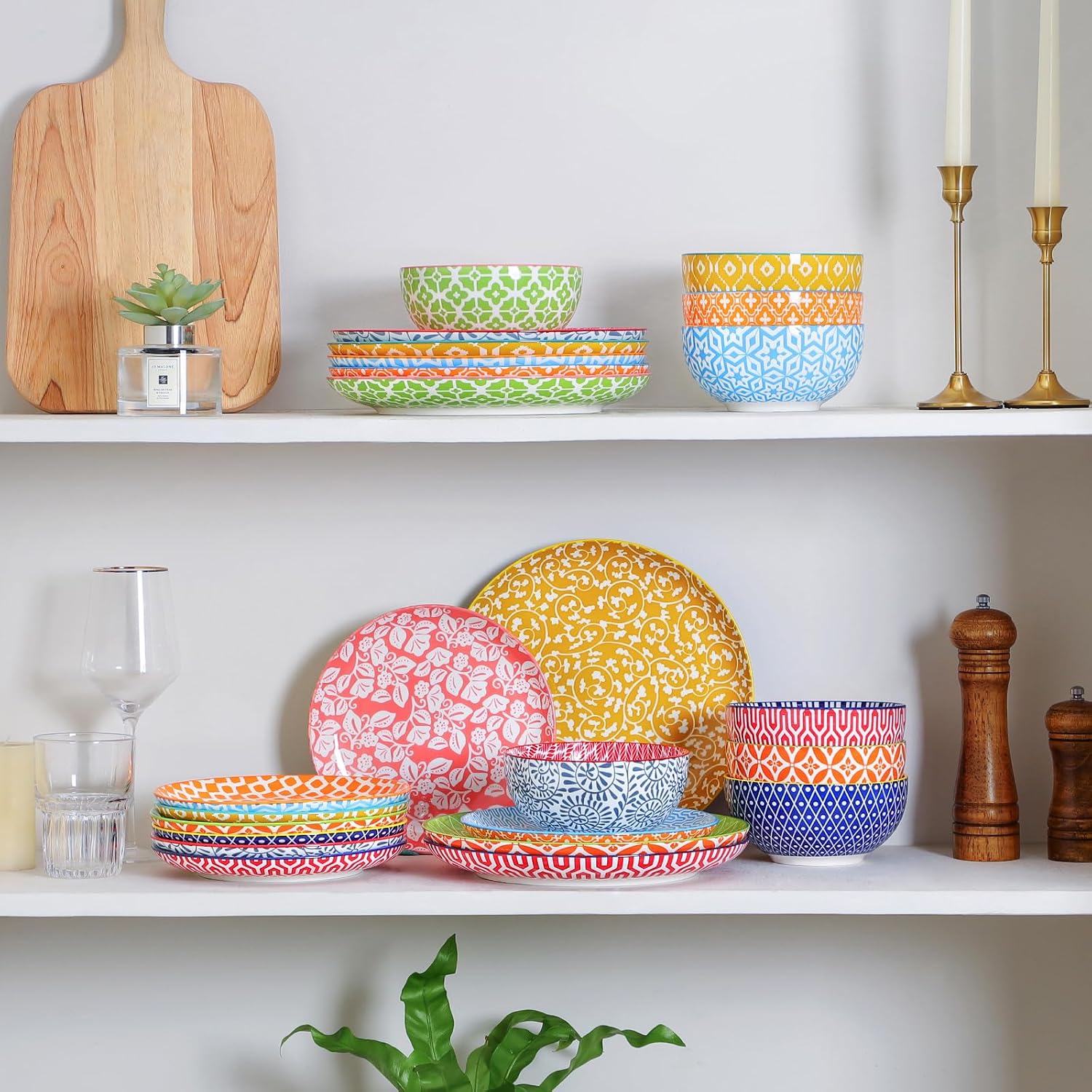 Selamica Ceramic Plates and Bowls Sets,24 Pieces Dinnerware Sets for 8,Scratch Resistant Dish Set for family gathering,Dishwasher & Microwave Safe, Assorted Colors