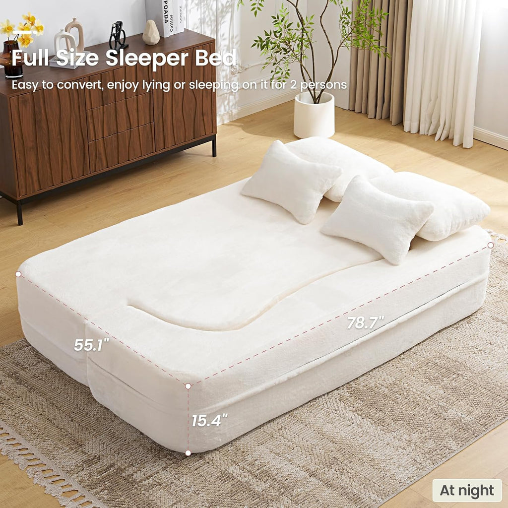 Convertible Folding Sofa Bed, 78' Full Size Loveseat Sleeper Sofa, Chenille Foldable Boneless Floor Couch with 4 Pillows for Guest Living Room Bedroom, No Assembly Required (Beige White)
