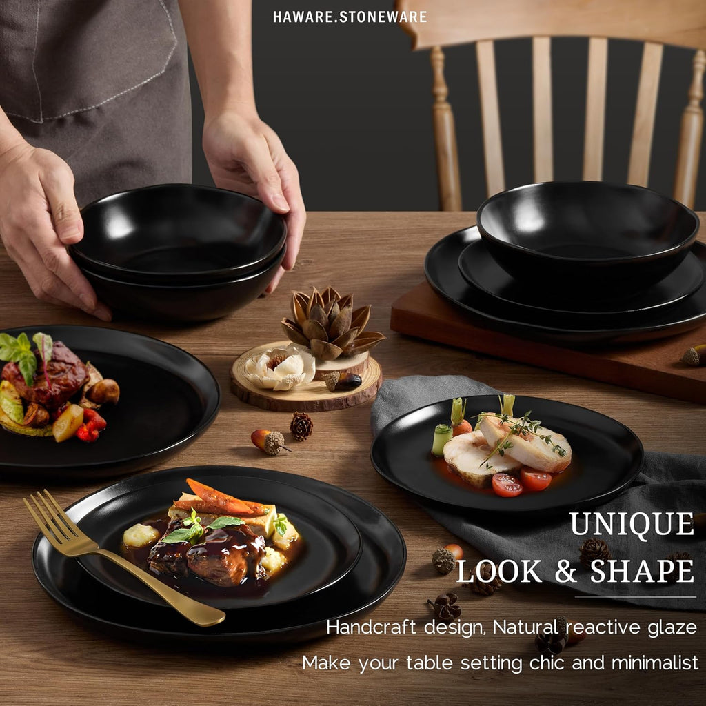 HaWare Dinnerware Sets, 24-Piece Stoneware Plates and Bowls Set, Dish Set for 8, Ceramic Dishware for Home Restaurant, Chip and Scratch Resistant, Microwave and Dishwasher Safe, Matte Black