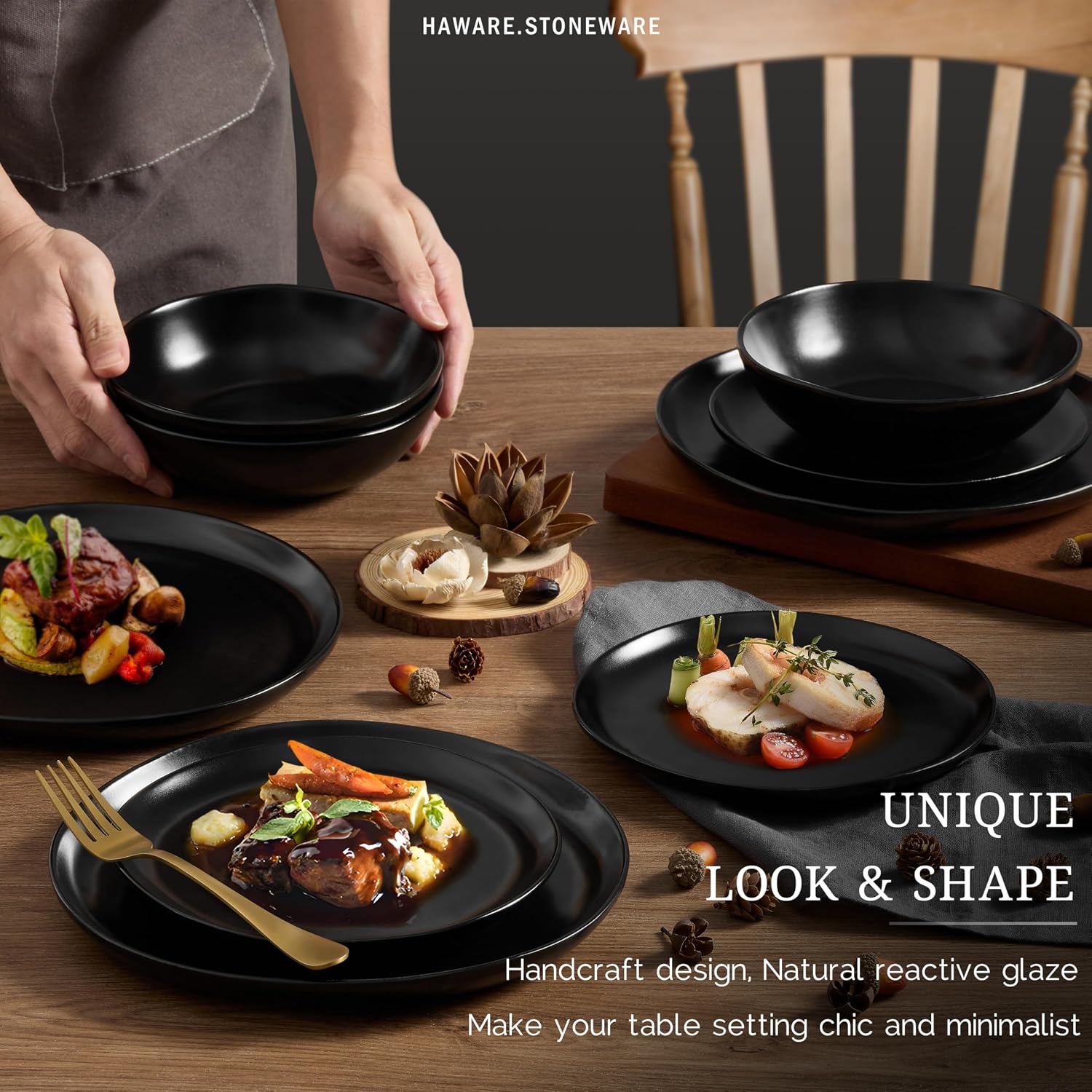 HaWare Dinnerware Sets, 24-Piece Stoneware Plates and Bowls Set, Dish Set for 8, Ceramic Dishware for Home Restaurant, Chip and Scratch Resistant, Microwave and Dishwasher Safe, Matte Black