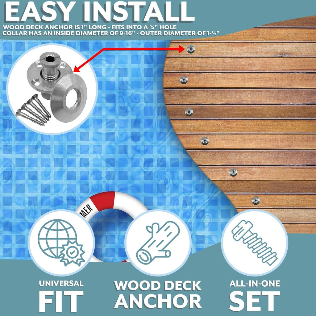 Poolzilla Pool Safety Cover Stainless Steel Anchor with Collar for Wood Decks - 25 Pack - Universal Fit