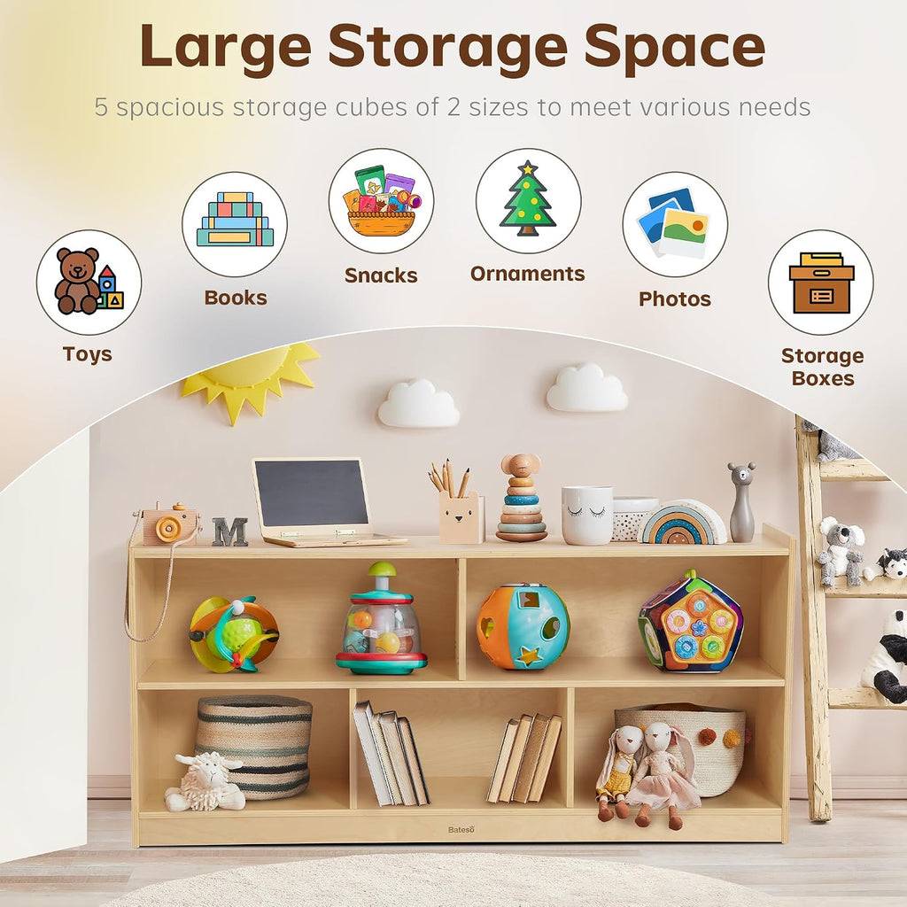 Bateso Toy Storage Organizer for Kids Room, Wooden Kids Bookshelf for Classroom, Cube Storage Organizer for Playroom, 5-Section Montessori Bookshelf & Toy Shelf for Nursery