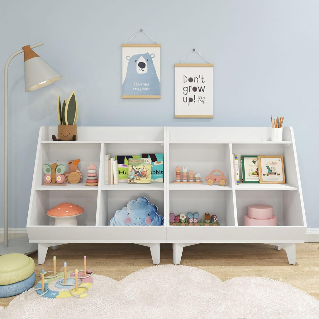 Max & Lily Modern Angled Frankie Bookcase with 3 Shelves and 2 Storage Bins - Stylish Kids' Bookshelf and Toy Organizer, White