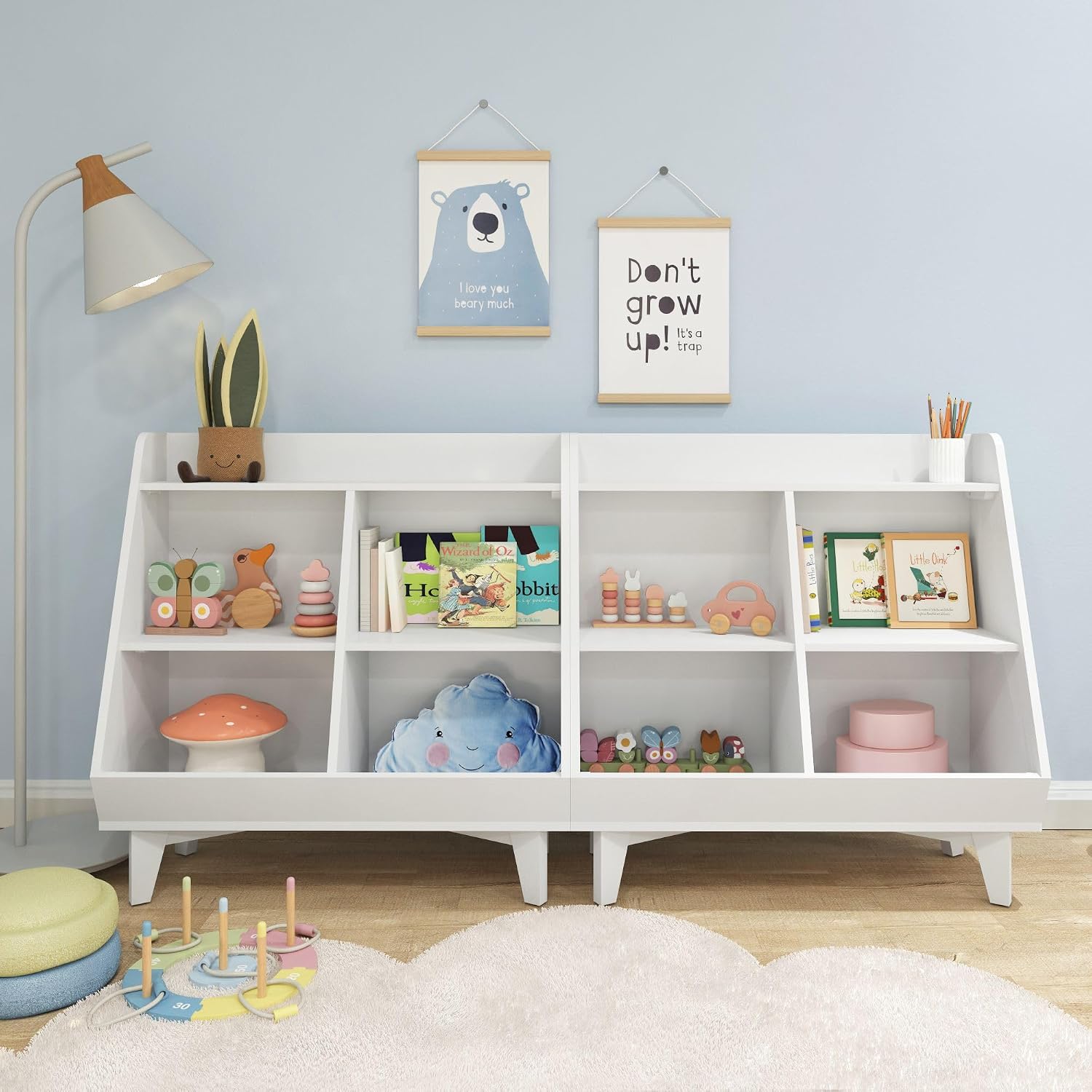 Max & Lily Modern Angled Frankie Bookcase with 3 Shelves and 2 Storage Bins - Stylish Kids' Bookshelf and Toy Organizer, White