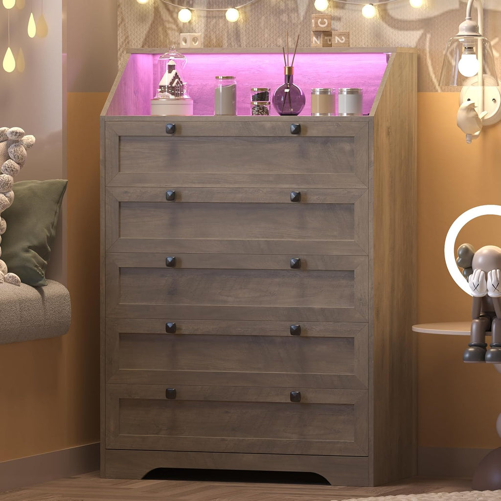 Wodeer Grey Dresser Tall 5 Drawer Dresser for Bedroom, Wood Chest of Drawers with LED Lights, Charging Station, Metal Handles, Modern Storage Cabinet and Organizer Drawers for Living Room, Hallway