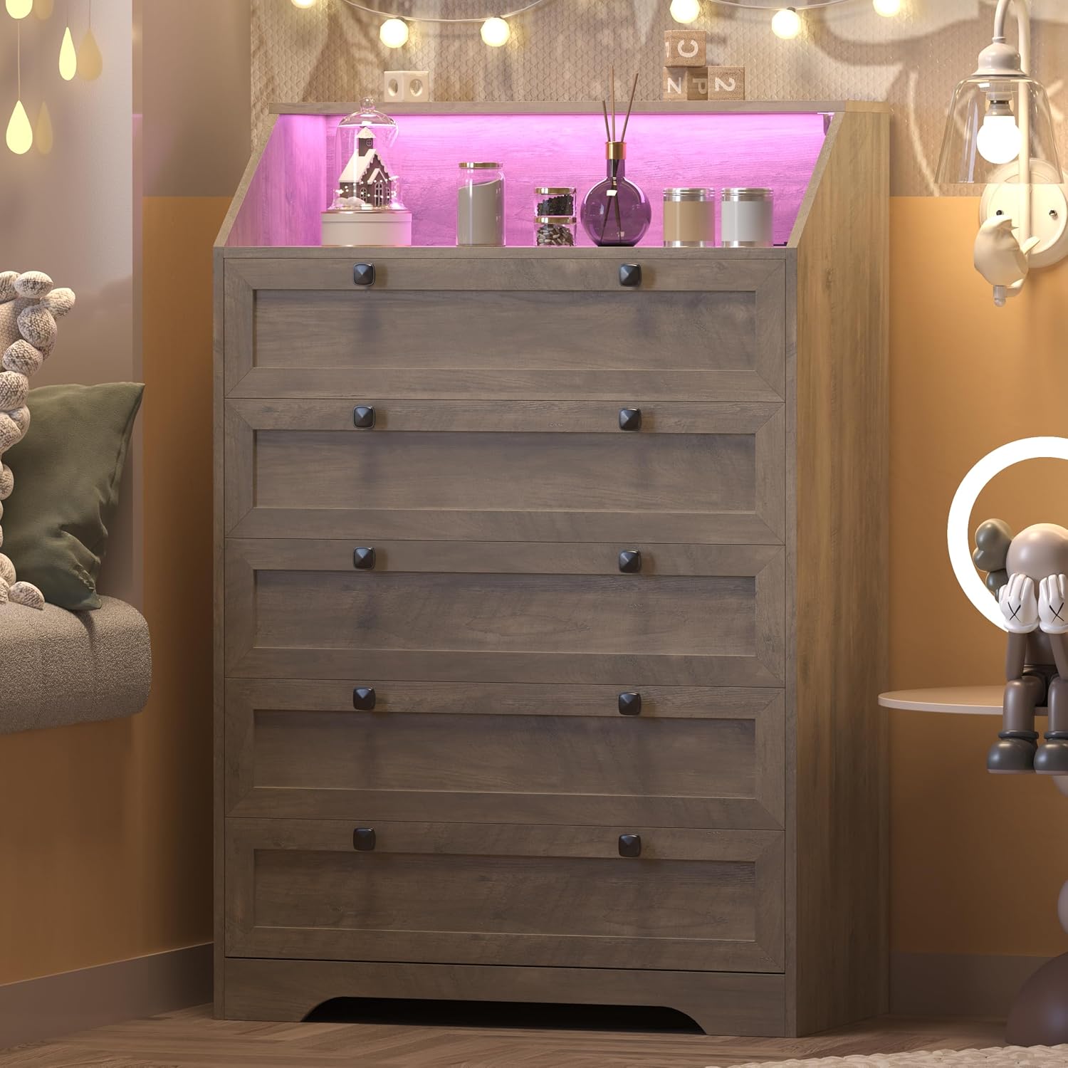 Wodeer Grey Dresser Tall 5 Drawer Dresser for Bedroom, Wood Chest of Drawers with LED Lights, Charging Station, Metal Handles, Modern Storage Cabinet and Organizer Drawers for Living Room, Hallway