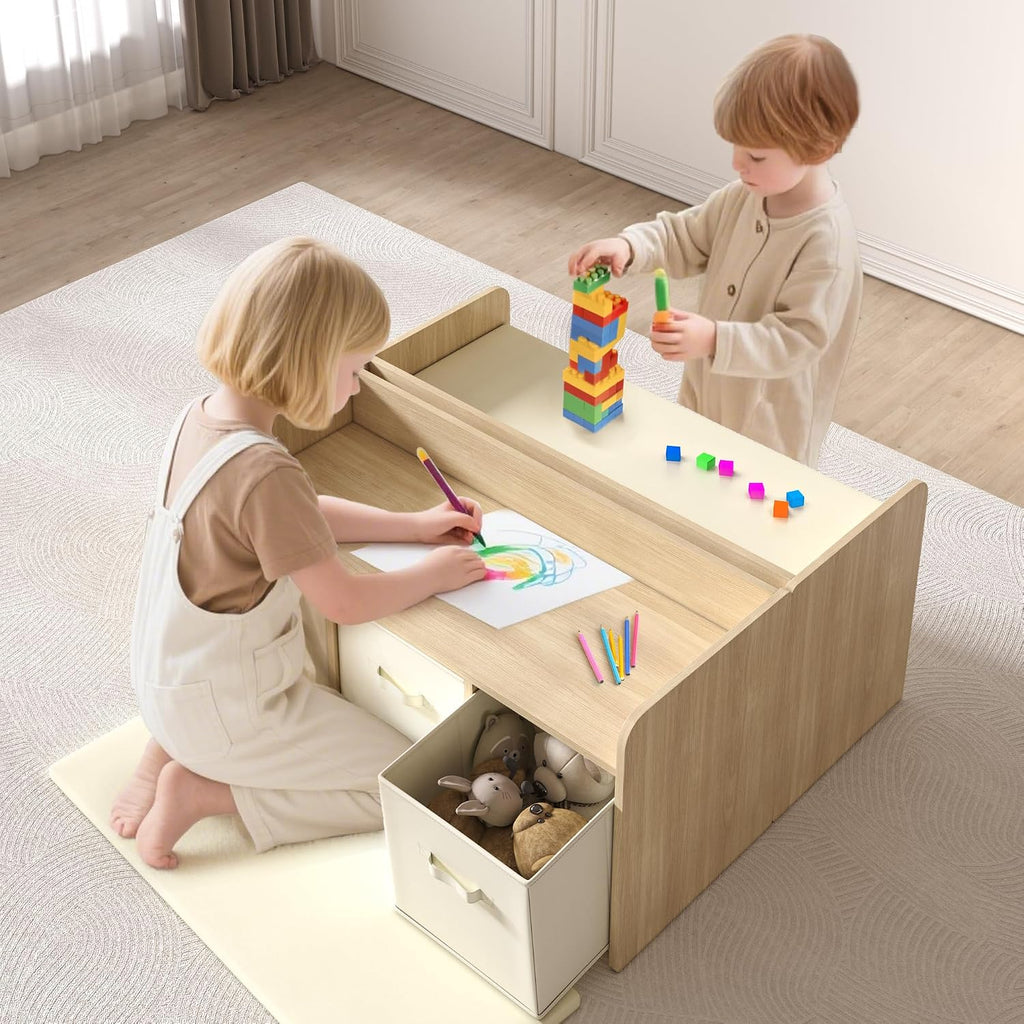 Kids Reading Nook Bench with 3 Drawers and Seat Cushion - Large Capacity Toddler Reading Corner，Kids Storage Bench