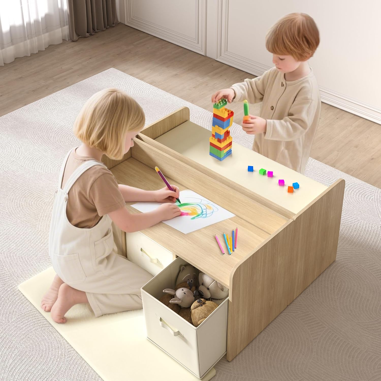 Kids Reading Nook Bench with 3 Drawers and Seat Cushion - Large Capacity Toddler Reading Corner，Kids Storage Bench