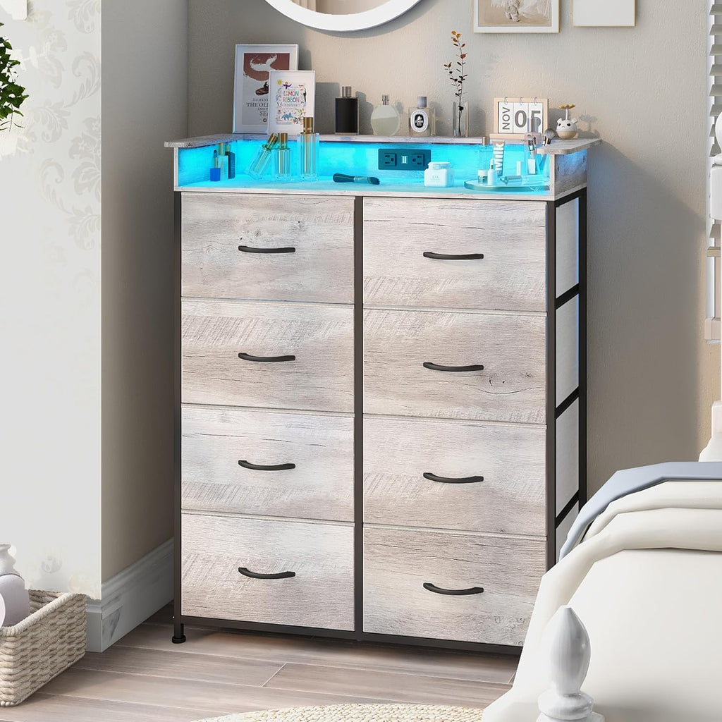 Dresser for Bedroom with Charing Station Grey Dresser with LED Lights Tall Dressers with 8 Drawers Storage Tower for Closet Living Room Hallway Entryway Sturdy Steel Frame Wood Top