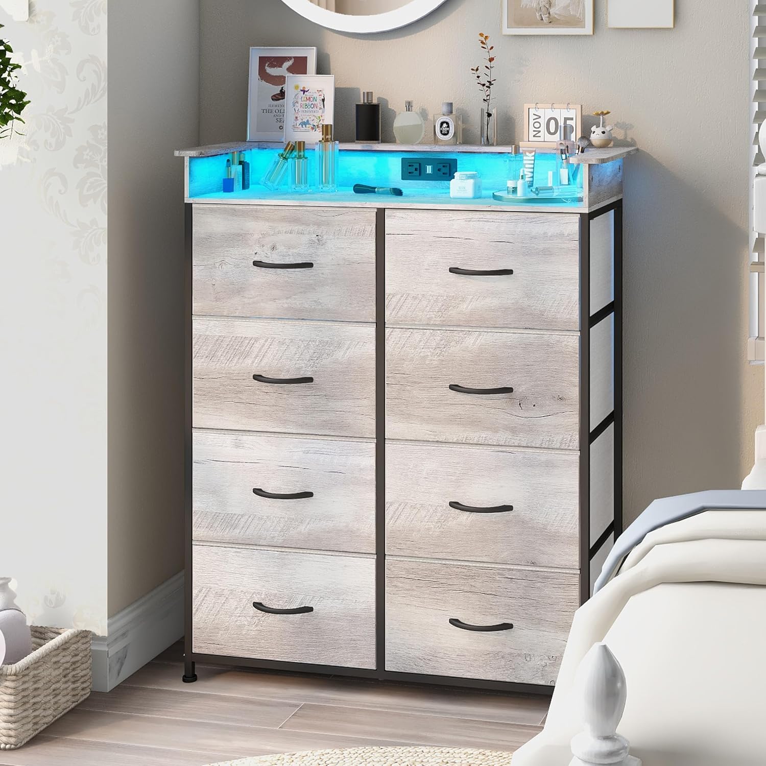 Dresser for Bedroom with Charing Station Grey Dresser with LED Lights Tall Dressers with 8 Drawers Storage Tower for Closet Living Room Hallway Entryway Sturdy Steel Frame Wood Top