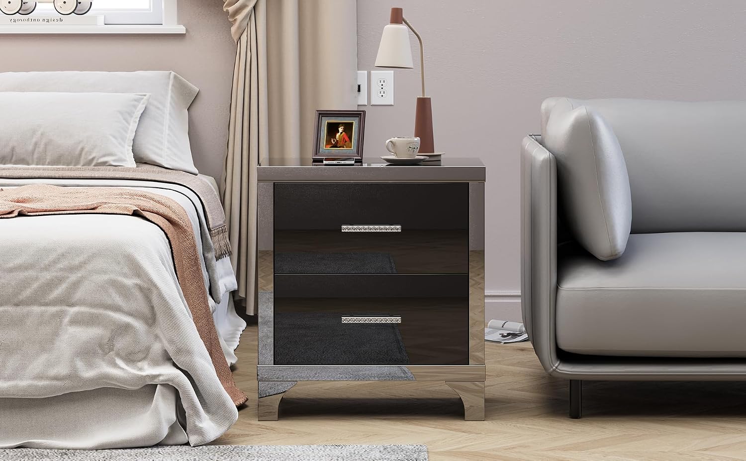 Henf Modern Black Nightstand Set of 2 for Bedroom, Elegant High Gloss 2 Drawer Night Stand with Silver Mirrored Legs, Small Wood End Table Sofa Side Table for Living Room Bedroom Apartment (Black)