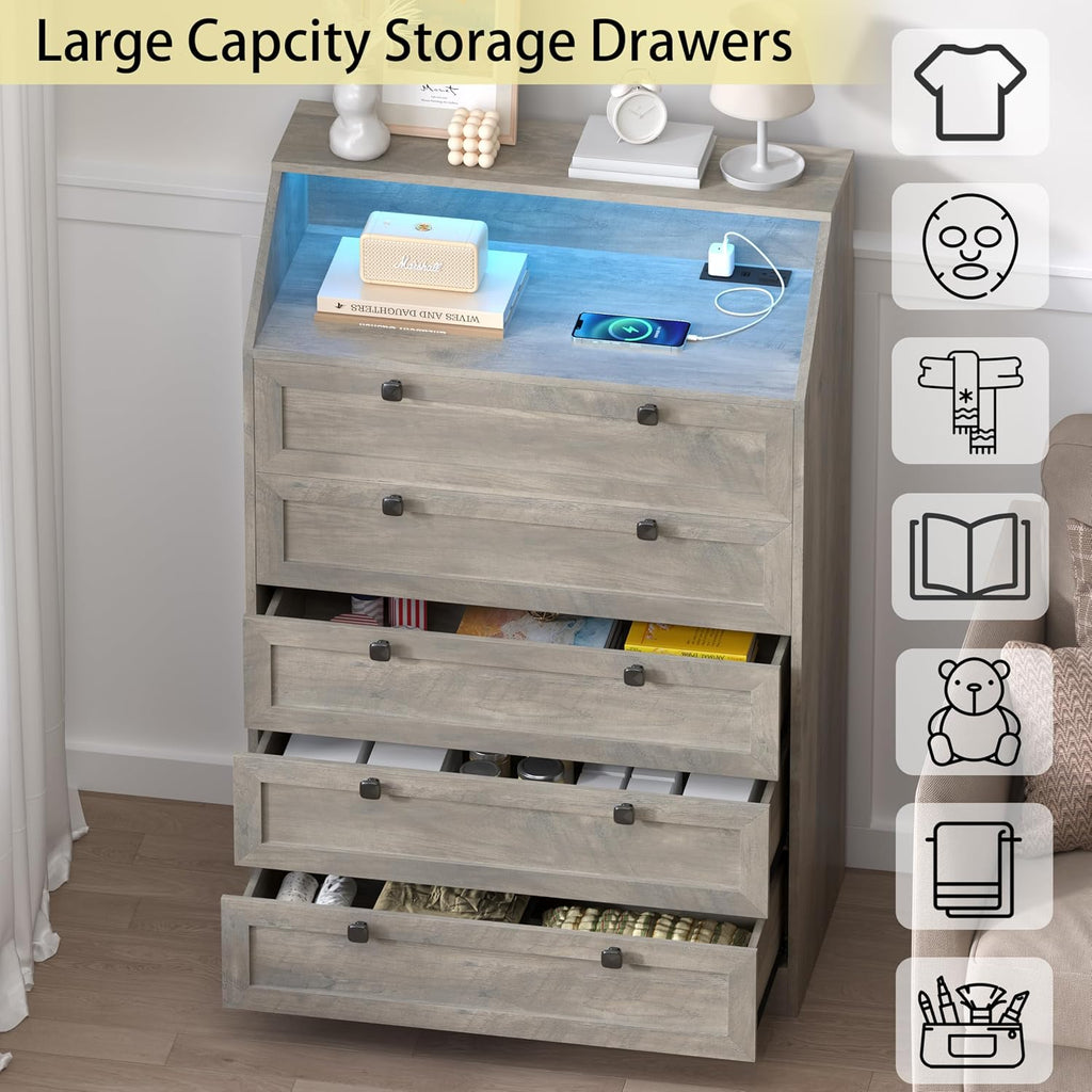 Wodeer Grey Dresser Tall 5 Drawer Dresser for Bedroom, Wood Chest of Drawers with LED Lights, Charging Station, Metal Handles, Modern Storage Cabinet and Organizer Drawers for Living Room, Hallway