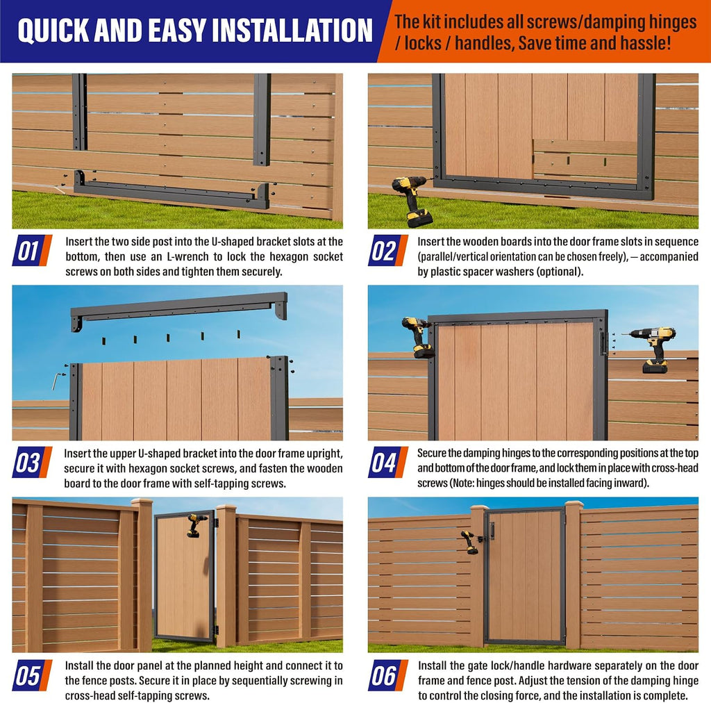 3x5FT (34.8'W X 59'H) Stainless Steel Anti Sag Wooden Fence Gate Kit Heavy Duty Garden Gate Frame Hardware Kit Reinforcement (Left/Right Free-Installation)