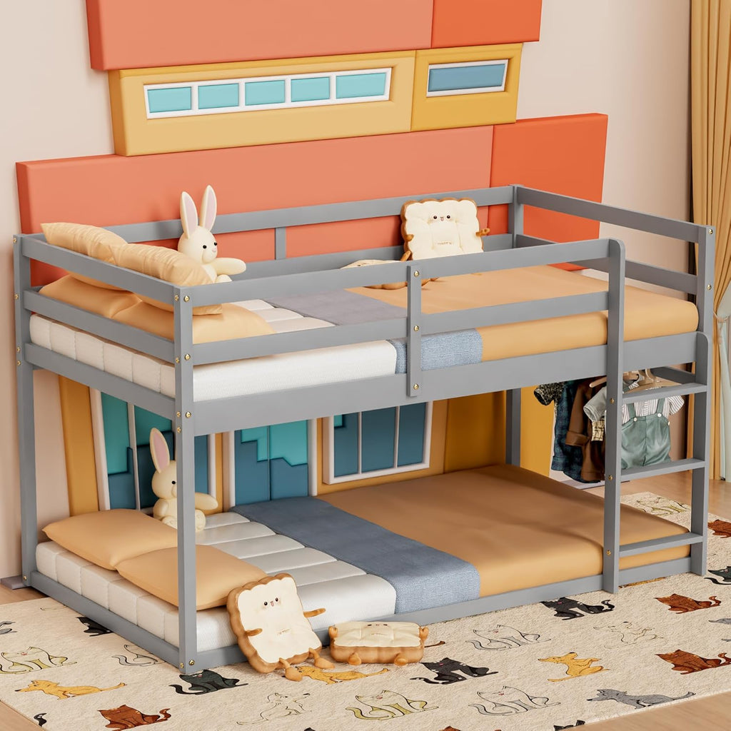 TOLEAD Low Bunk Bed Twin Over Twin, Floor Bunk Bed with Ladder, Twin Bunk Bed with Full Guardrails, Wooden Bunk Bed for Juniors, Boys, Girls, Kids, Bedrooms (Grey)