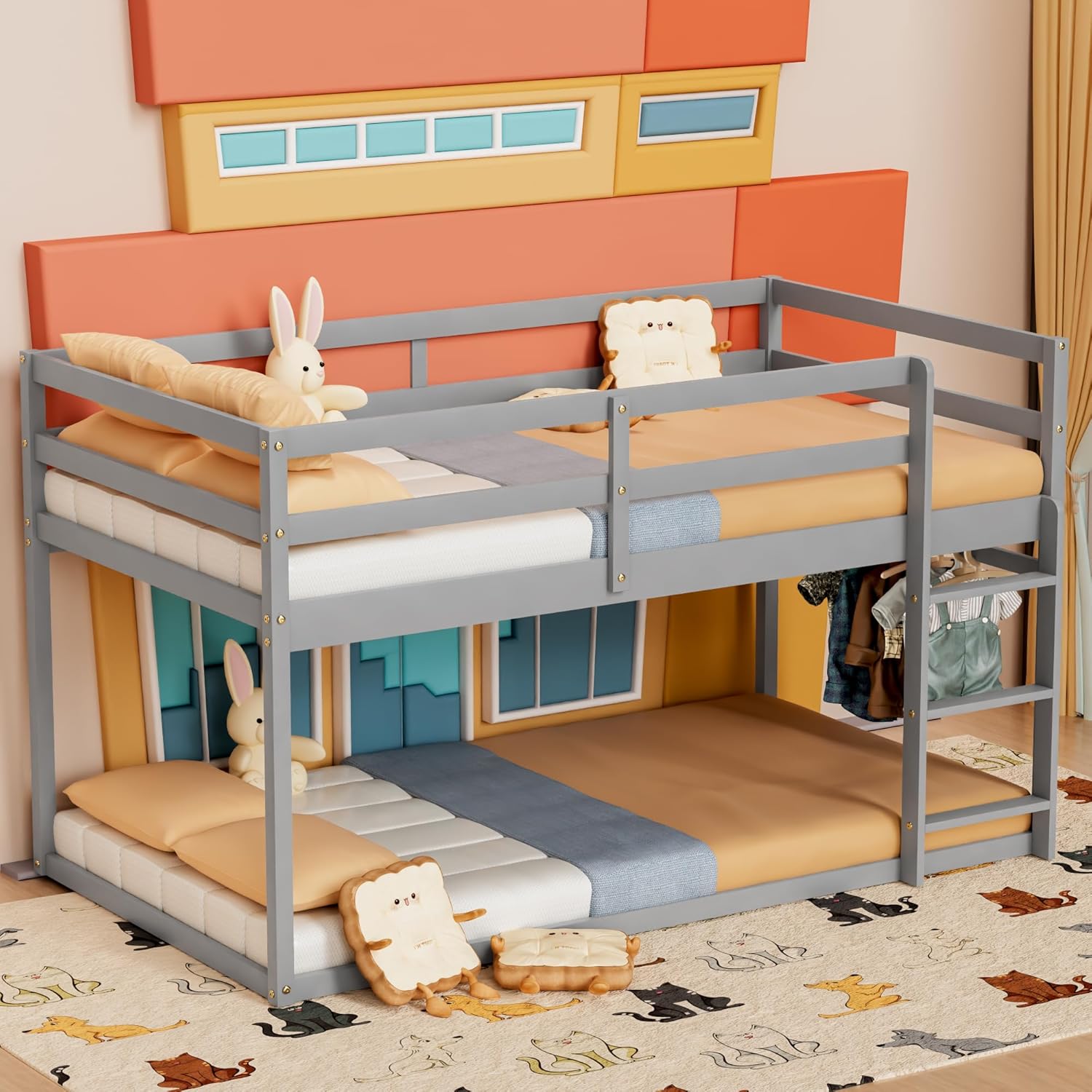 TOLEAD Low Bunk Bed Twin Over Twin, Floor Bunk Bed with Ladder, Twin Bunk Bed with Full Guardrails, Wooden Bunk Bed for Juniors, Boys, Girls, Kids, Bedrooms (Grey)