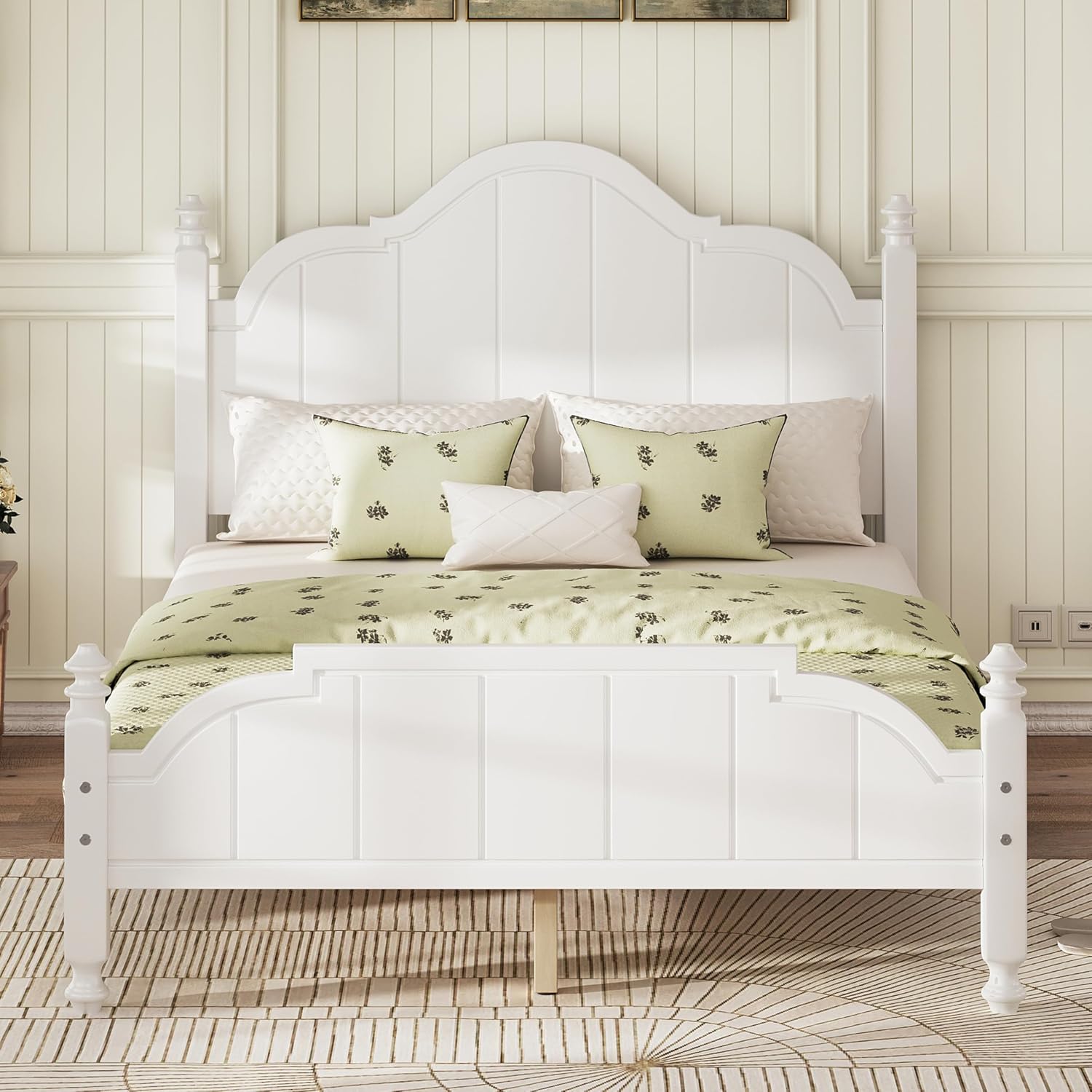 JIVOIT Vintage Wooden Bed Frame, Full Size Platform Bed with Wide Headboard, Wood Slats Support, No Spring Box Needed, Easy Assembly (White-Full,2)