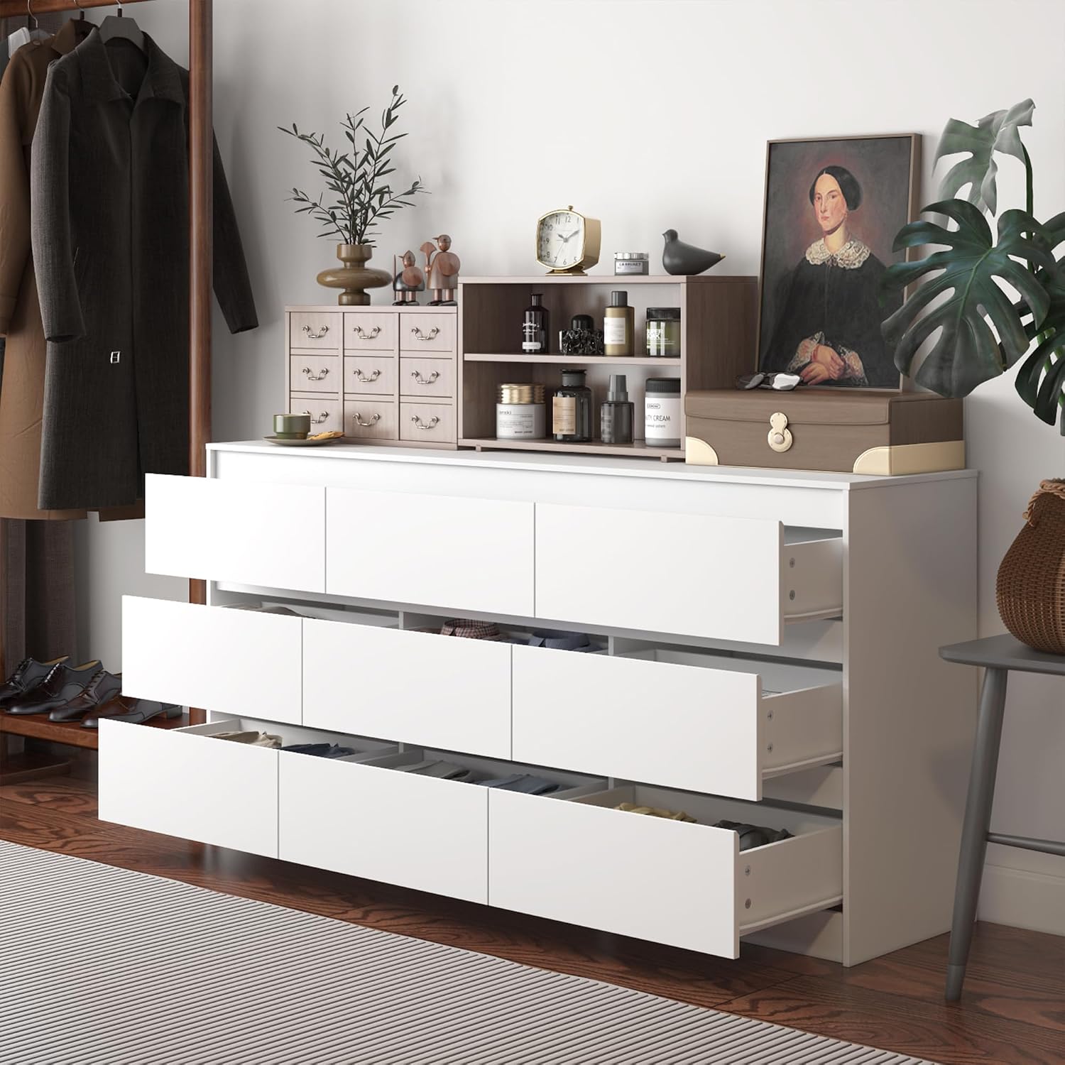 9 Drawer Dresser for Bedroom with Deep Drawers, Large Floor Wood Dressers & Chest of Drawers Handle Free, Modern White Long Dressers for Closet Living Room, Euro Slide (63'W x 15.7'D x 31.5'H)