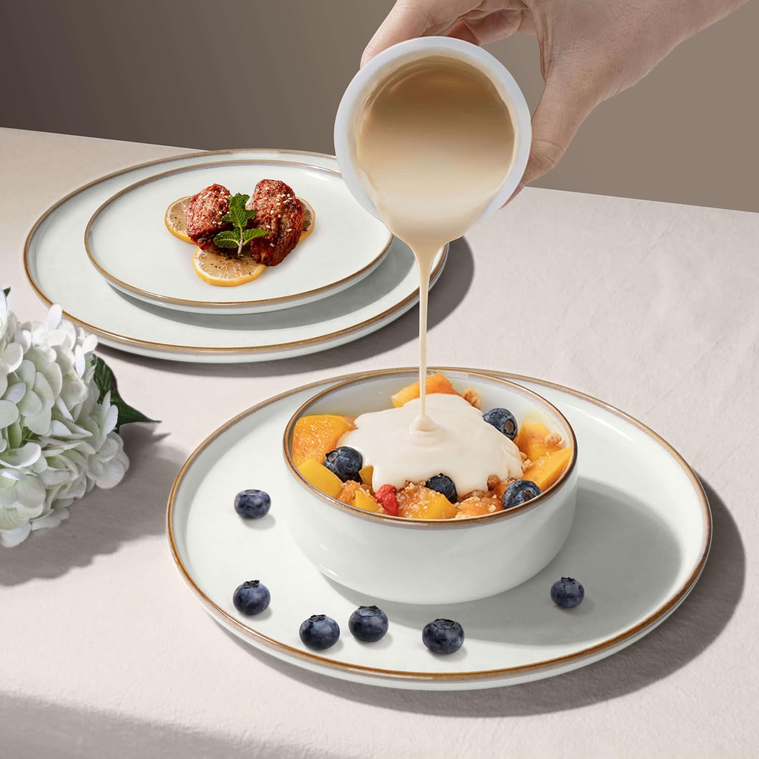 Herogo 24 Pieces Stoneware Dinnerware Dishes Sets for 8, Kitchen Handmade Dining Plates and Bowls Sets, Double Reactive Glaze, Microwave & Dishwasher Safe, Scratch Resistant, Ivory White