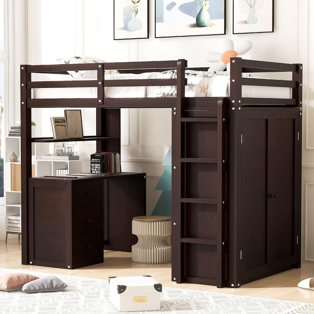 Twin Size Loft Bed with Drawers and Desk, Wardrobe, Ladder for Kids, Adults, Girls, Bedroom, Easy Assembly, No Box Spring Needed, Space-Saving, Espresso