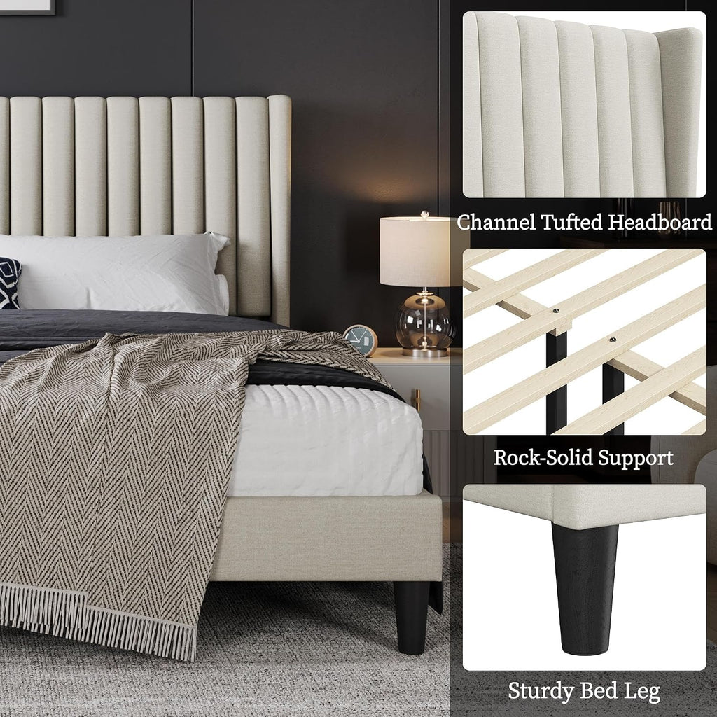 Yaheetech King Bed Frame Upholstered Platform Bed with Fabric Headboard, Wing Edge Design/Non-Slip and Noise-Free/Wooden Slats Support/No Box Spring Needed/Easy Assembly, Beige King Bed