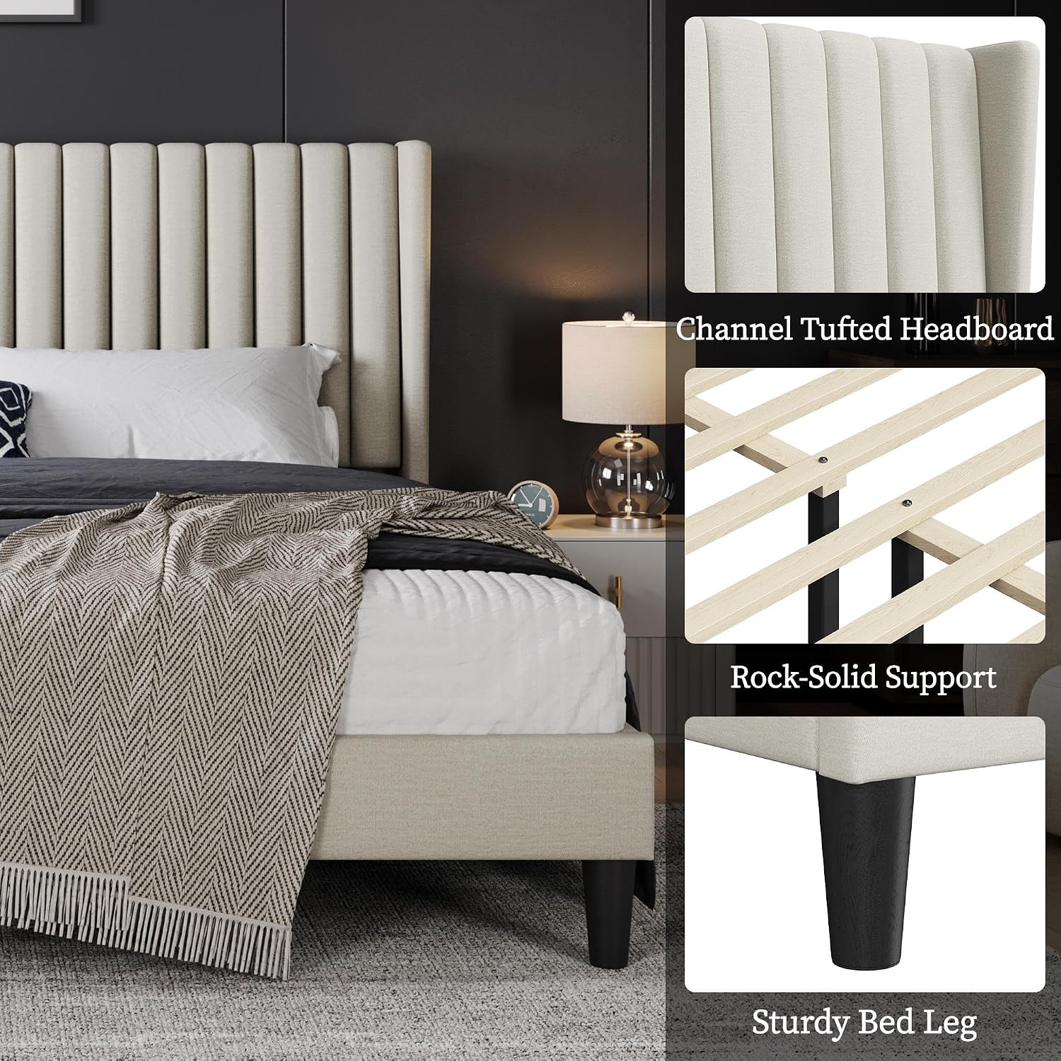 Yaheetech King Bed Frame Upholstered Platform Bed with Fabric Headboard, Wing Edge Design/Non-Slip and Noise-Free/Wooden Slats Support/No Box Spring Needed/Easy Assembly, Beige King Bed