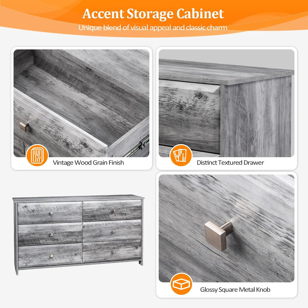 VINGLI Washed Gray Dresser 6 Drawer, 53.9' Long Dresser Wood with Textured Drawer Front, Grey Chest Dressers for Bedroom, Storage Cabinet, Chest of Drawers, Living Room,Hallway,Rustic