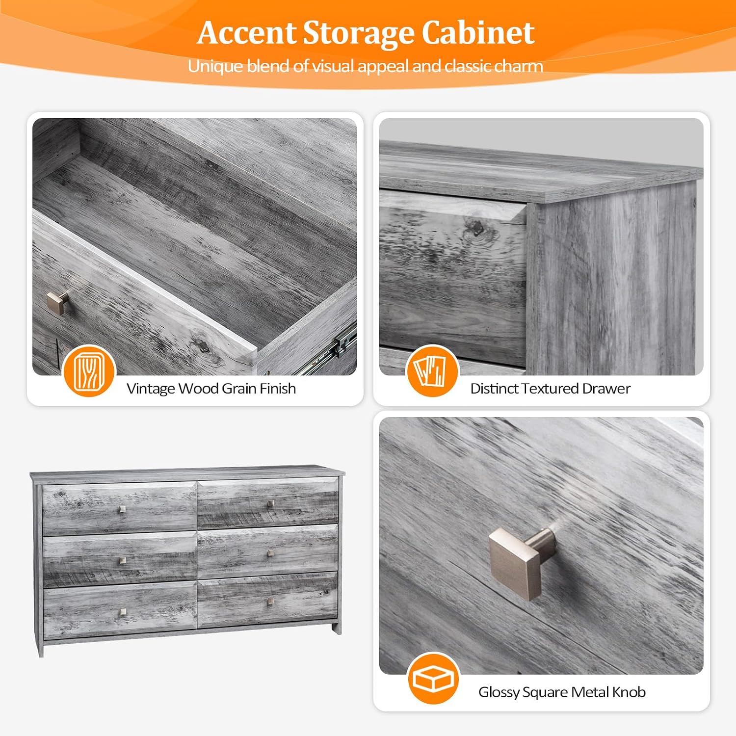 VINGLI Washed Gray Dresser 6 Drawer, 53.9' Long Dresser Wood with Textured Drawer Front, Grey Chest Dressers for Bedroom, Storage Cabinet, Chest of Drawers, Living Room,Hallway,Rustic