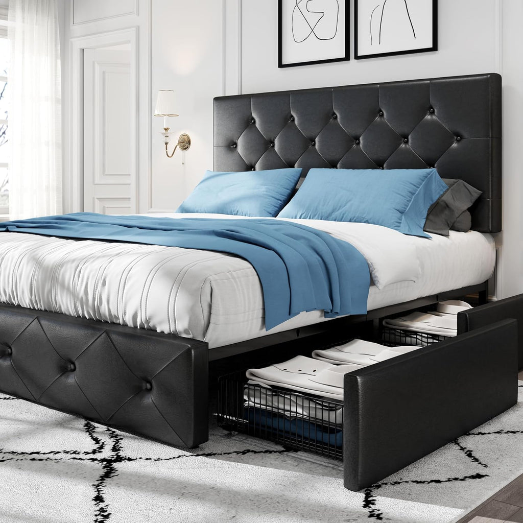 HOOMIC Full Size Platform Storage Bed Frame with 4 Drawers & Adjustable Headboard, Wooden Slats, No Box Spring Needed,Diamond Stitched Button Tufted Design,Black