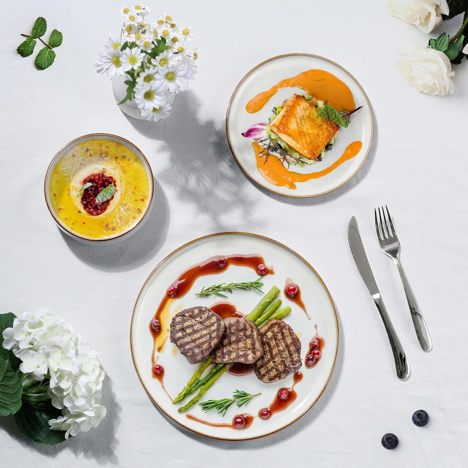 Herogo 24 Pieces Stoneware Dinnerware Dishes Sets for 8, Kitchen Handmade Dining Plates and Bowls Sets, Double Reactive Glaze, Microwave & Dishwasher Safe, Scratch Resistant, Ivory White