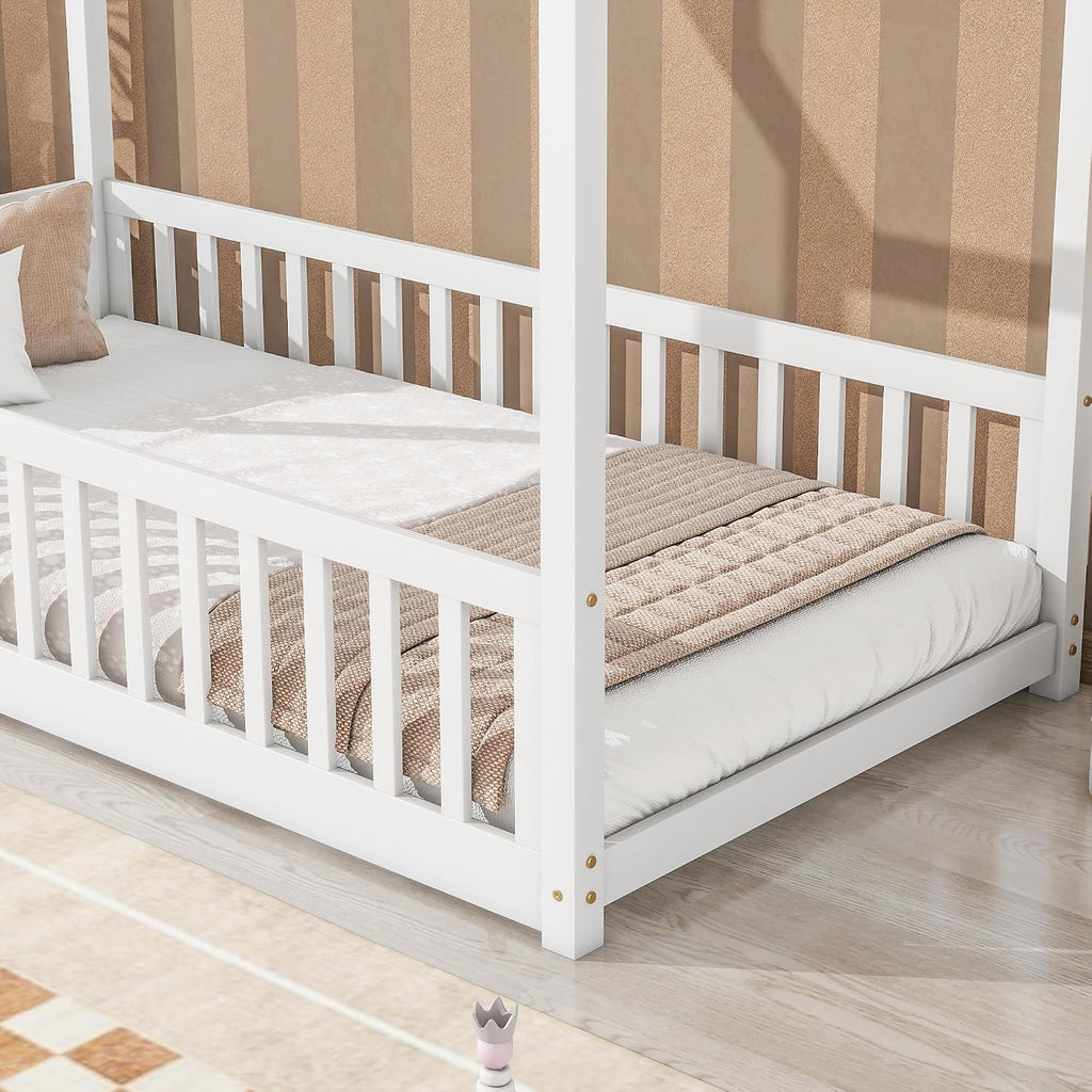 Twin Floor Bed with Slats, Twin Floor Bed for Children, Wooden Montessori Bed with Fence, House Bed for Boys Girls Bedroom - White
