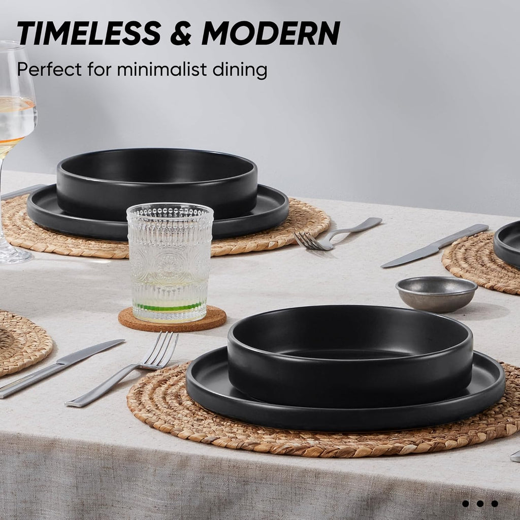 E-far Black Dinnerware Sets with Pasta Bowls, 24-Piece Stoneware Plates and Bowls Sets for 6 | Microwave & Dishwasher Safe Kitchen Modern Dish Set, Matte Black