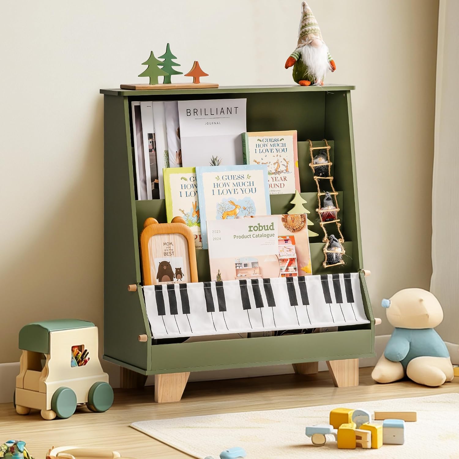 ROBOTIME 4-Tier Kids Bookshelf - Toddler Bookshelf for Classrooms, Playrooms, and Nursery - Wooden Kids Bookcase Front and Back Storage, Children Book Rack for Boys, Girls (Green)