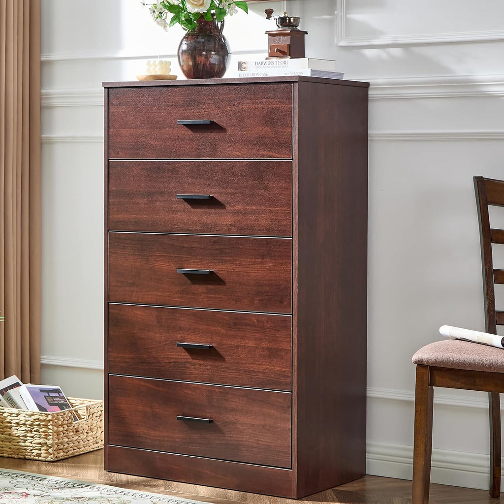 LIDYUK Dark Cherry Dresser for Bedroom, 5 Drawer Dressers & Chests of Drawers, Modern Wood Dresser, 47 Inches Tall Chest of Drawers for Bedroom, Hallway, Living Room