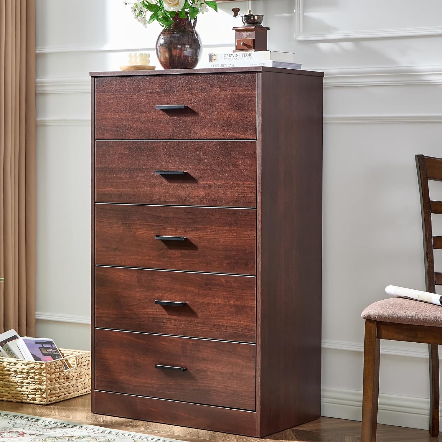 LIDYUK Dark Cherry Dresser for Bedroom, 5 Drawer Dressers & Chests of Drawers, Modern Wood Dresser, 47 Inches Tall Chest of Drawers for Bedroom, Hallway, Living Room