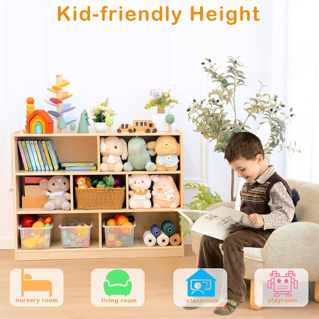 Kids Bookshelf and Toy Storage Shelf, Wooden Montessori Bookshelf, 3-Tier Toy Shelves with 7 Cubby, Classroom Furniture, Birch Children Bookcase, Book Shelf for Kids Room, Nursery, Playroom